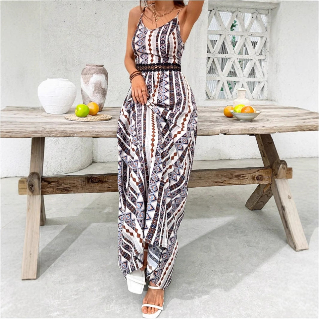 Damen Maxikleid mit bohemian Muster und raffiniertem elastischem Taillenband R&B