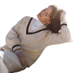 Damen Strickpullover mit V-Ausschnitt und Ballonärmel R&B
