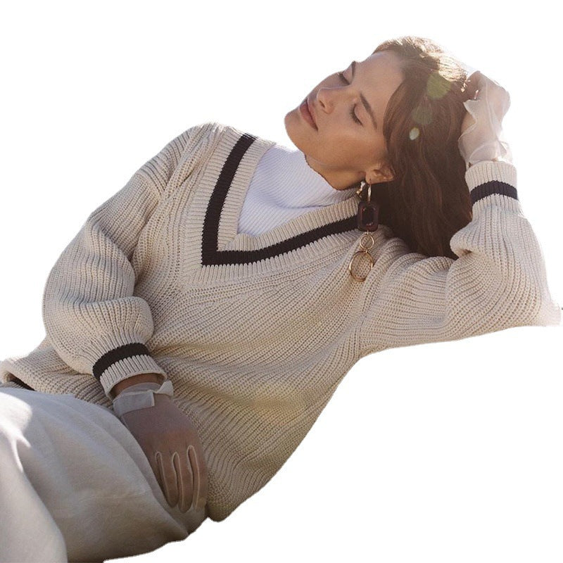 Damen Strickpullover mit V-Ausschnitt und Ballonärmel R&B