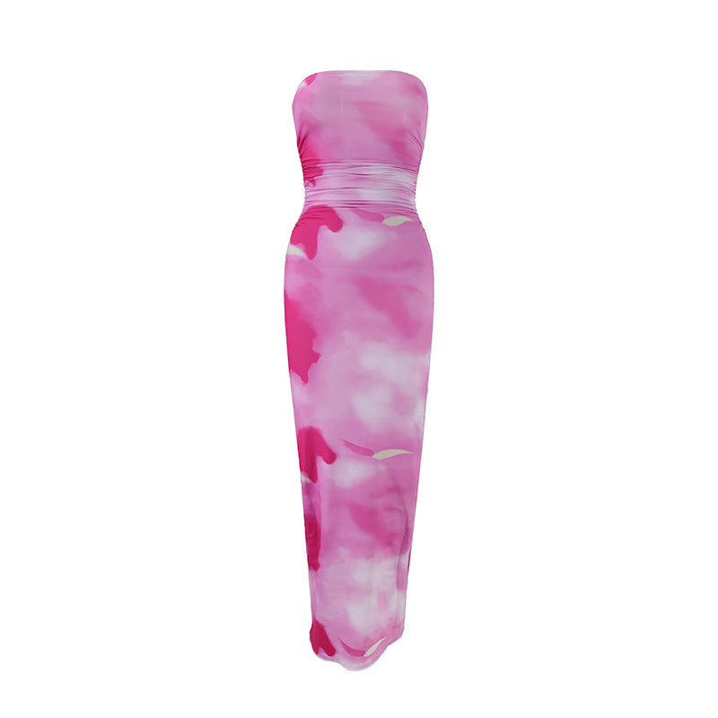 Damen elegantes, trägerloses Maxikleid mit raffiniertem Mustermix R&B
