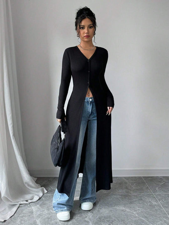 Damen Langstrickjacke mit V-Ausschnitt und Knopfverschluss R&B