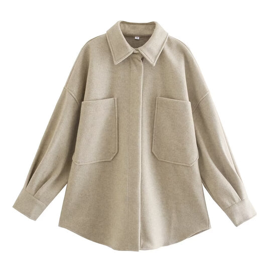 Damen Oversized Hemdjacke aus hochwertigem Wollmix mit praktischen Taschen R&B