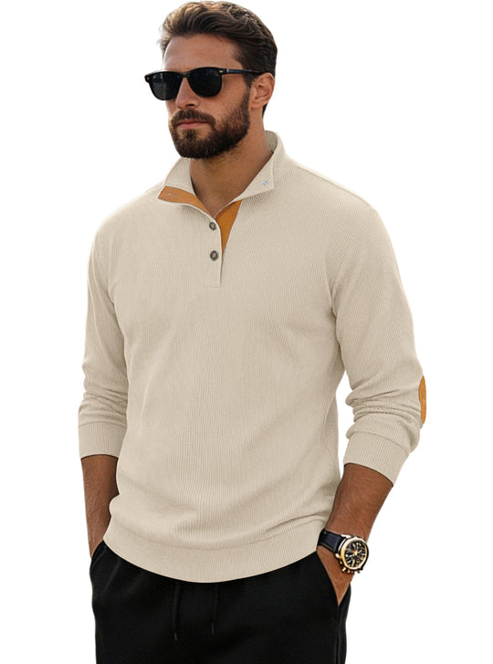 Herren nan fein gerippter Strickpullover mit Polokragen Knopfleiste und Ellenbogenbesatz R&B