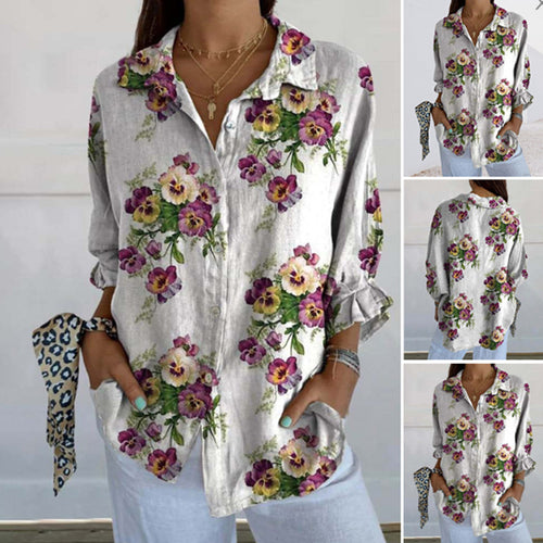 Damen nan leichte Leinenoptik-Hemdbluse mit Blumenmuster, lockerem Schnitt, krempelbaren Ärmeln und Eingrifftaschen R&B