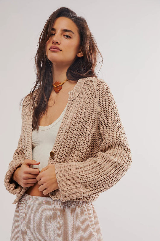 Damen lässige Strickjacke mit dekorativem Knopfverschluss und voluminösen Ärmeln R&B