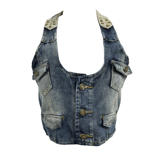 Damen Crop-Top aus Denim mit dekorativen Knopfdetails und tiefem V-Ausschnitt R&B
