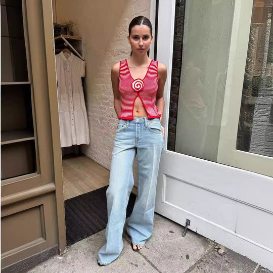 Damen Retro gestreiftes Top mit körpernaher Passform R&B