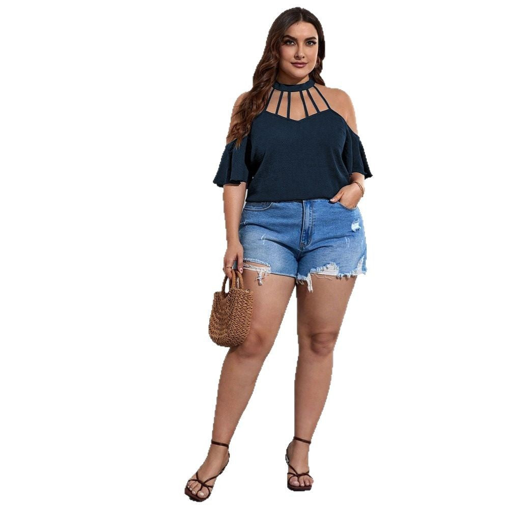 Damen Off-Shoulder Top mit Stehkragen und verspielten Rüschendetails R&B