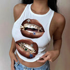 Damen Tanktop mit künstlerischem Lippenmotiv und figurbetontem Schnitt R&B