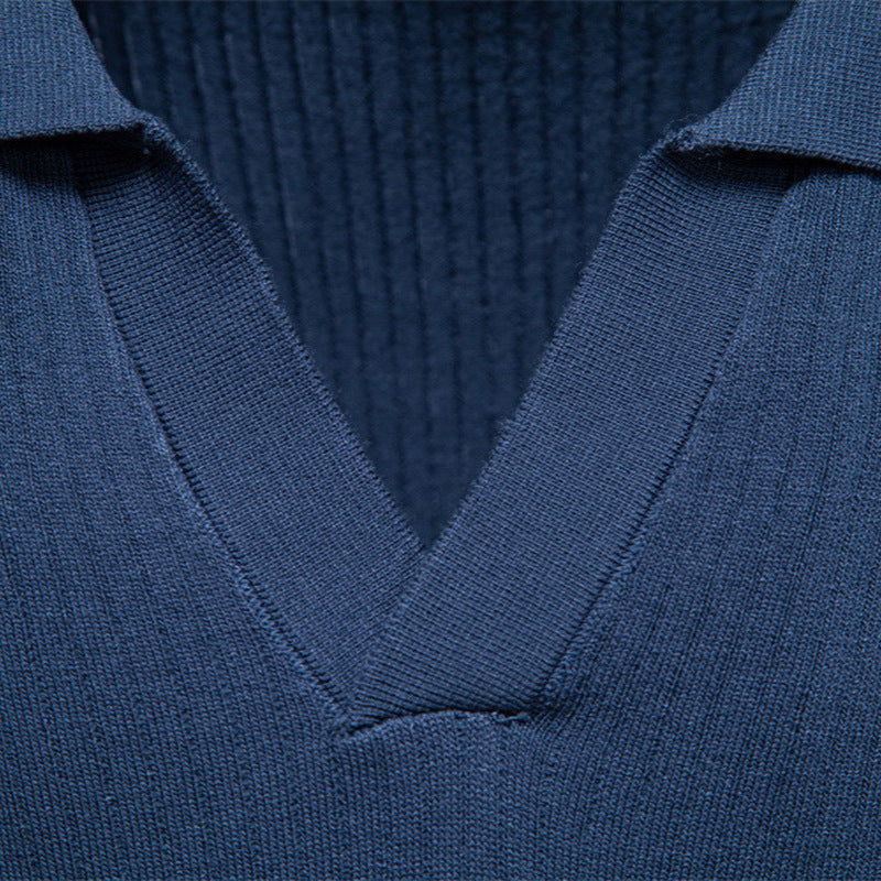 Herren nan fein geripptes Kurzarm-Poloshirt mit offenem Kentkragen R&B