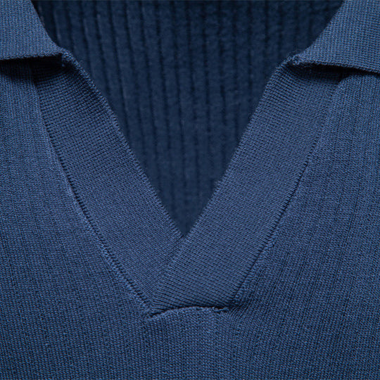 Herren nan fein geripptes Kurzarm-Poloshirt mit offenem Kentkragen R&B