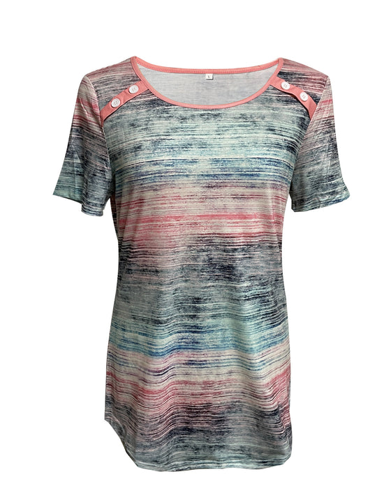 Damen nan leichtes Jersey-Longshirt mit horizontalem Pinselprint und Schulterknopfdetail R&B