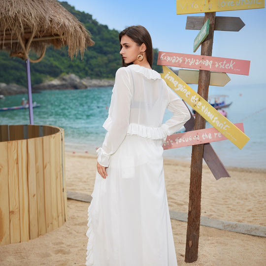 Damen elegantes transparentes Strandkleid mit Rüschen R&B