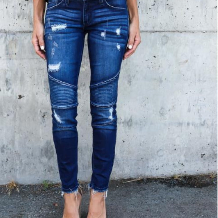Damen schmal geschnittene Jeans mit modischem Rippdesign und ausgefranstem Saum R&B
