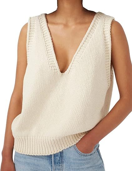 Damen lässiger Strickpullover ohne Ärmel mit tiefem V-Ausschnitt R&B