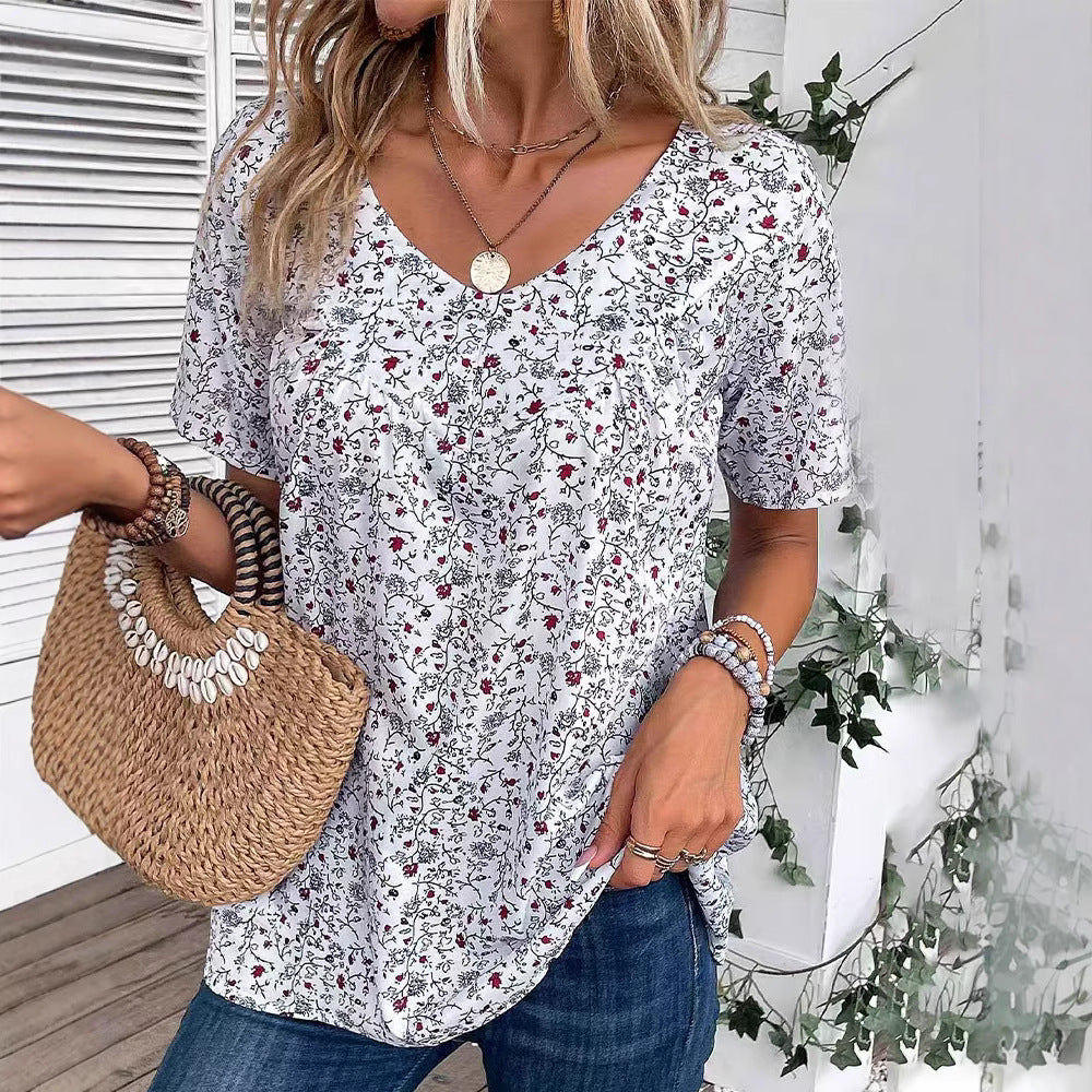 Damen nan lässiges Kurzarm-Tunika-Shirt mit Rundhalsausschnitt, zartem Blumenallover und dekorativen Brustfalten R&B