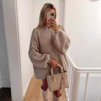 Damen lockerer Strickpullover mit hohem Kragen und überschnittenen Schultern