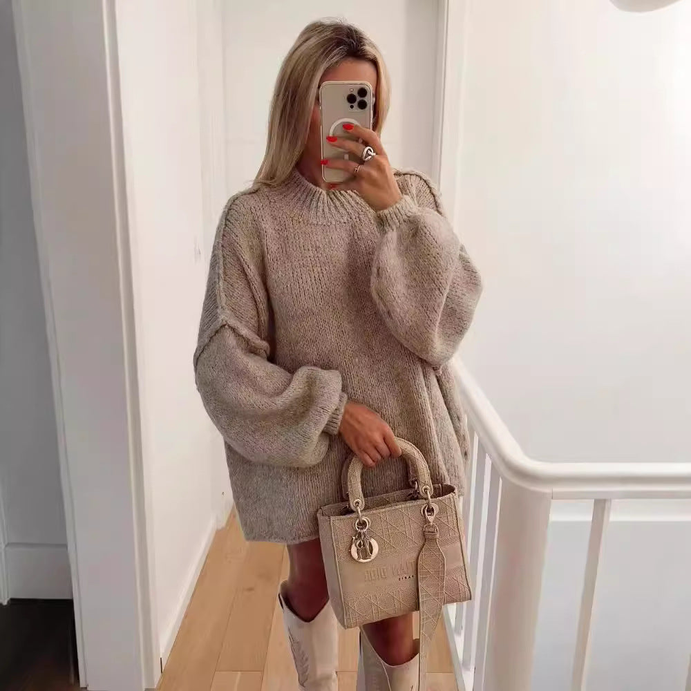 Damen lockerer Strickpullover mit hohem Kragen und überschnittenen Schultern