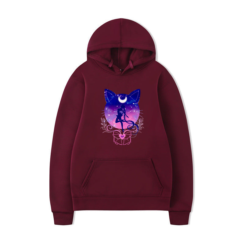 Damen Kapuzenpullover mit künstlerischem Katzenmotiv und bequemer Passform R&B