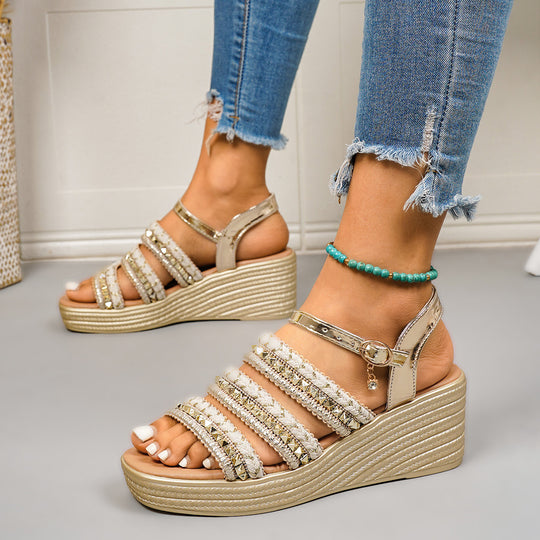 Damen Wedge-Sandalen mit glamourösem Riemchen-Design und hochwertiger Sohle R&B