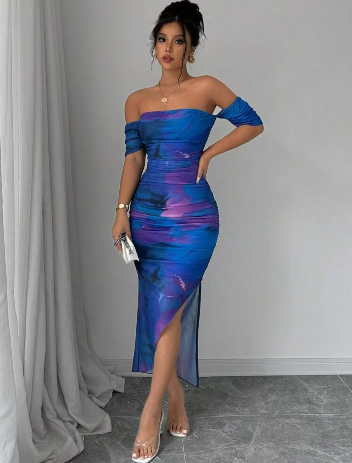 Damen Figurbetontes Midi-Kleid mit off-shoulder Design und elegantem Schlitz R&B