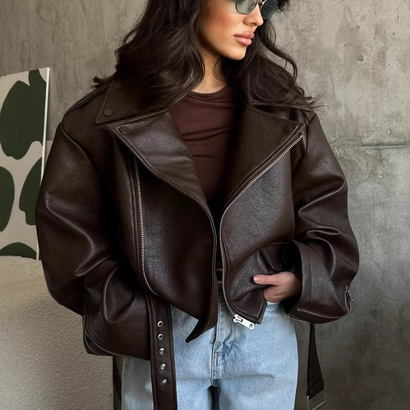 Damen Übergröße Kunstlederjacke im lässigen Stil R&B