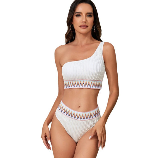 Damen Einseitiger Crop-Bikini mit buntem Jacquardband R&B
