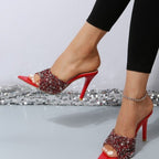 Damen Glamouröse High Heel Mules mit schimmerndem Strassbesatz R&B