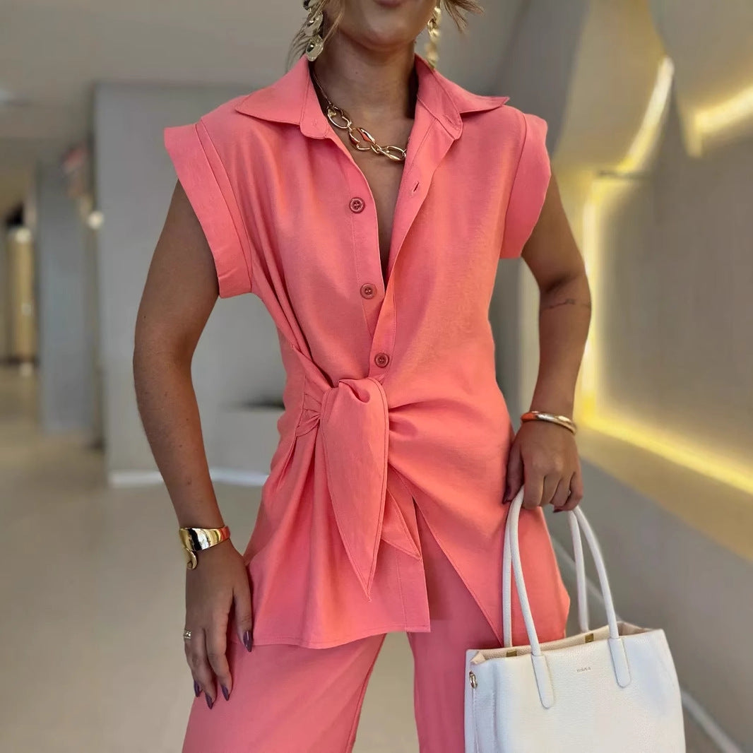 Damen lässiges Oversized-Hemd mit Bindegürtel und weiten Hosen R&B