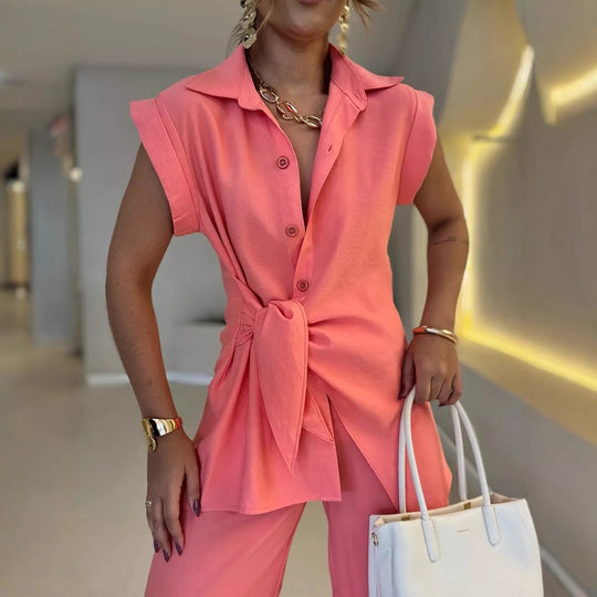 Damen lässiges Oversized-Hemd mit Bindegürtel und weiten Hosen R&B