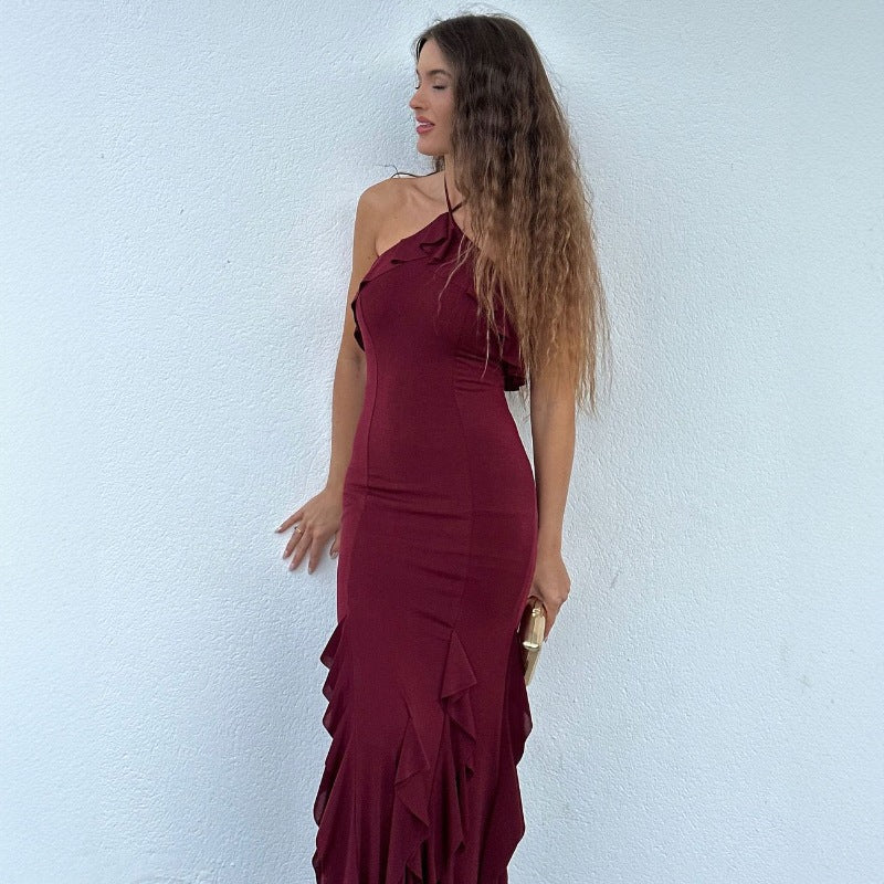 Damen Exklusives Maxikleid mit asymmetrischem Rüschenverlauf und elegantem Schnitt R&B