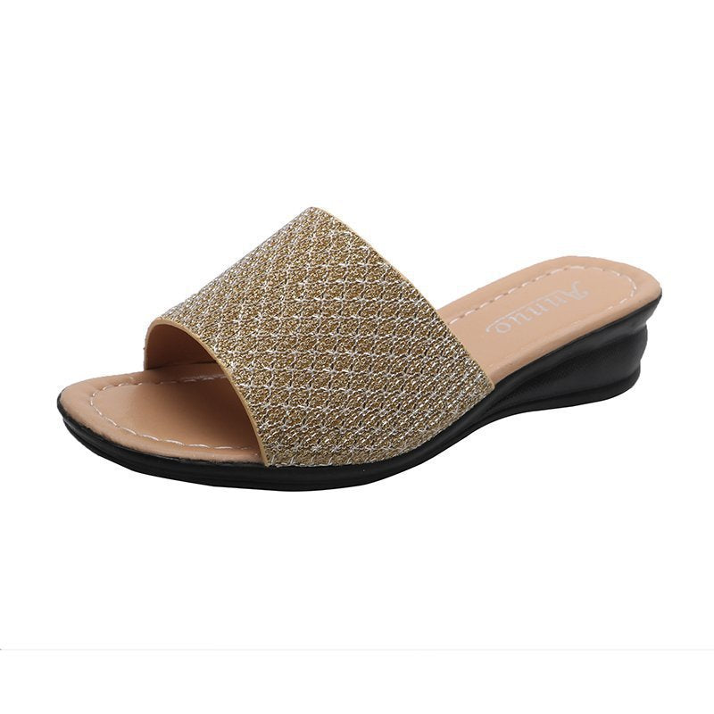 Damen nan Glitzerslipper mit breiter Riemenfront, offenem Zehenbereich, gepolstertem Komfortfußbett und leichtem Keilabsatz R&B