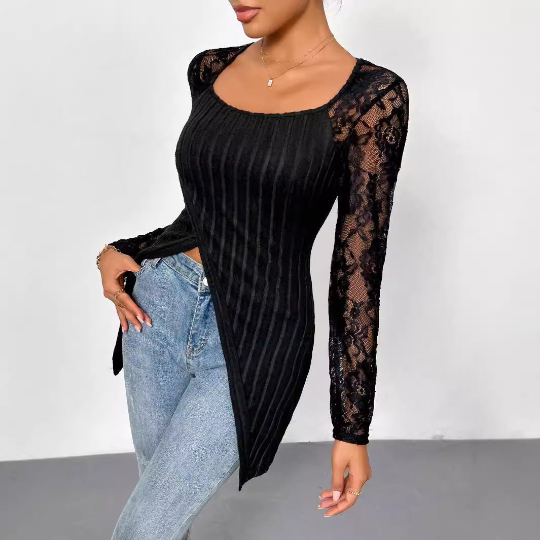 Damen Elegantes Oberteil mit einzigartiger Rippstruktur und feiner Spitzenverzierung R&B