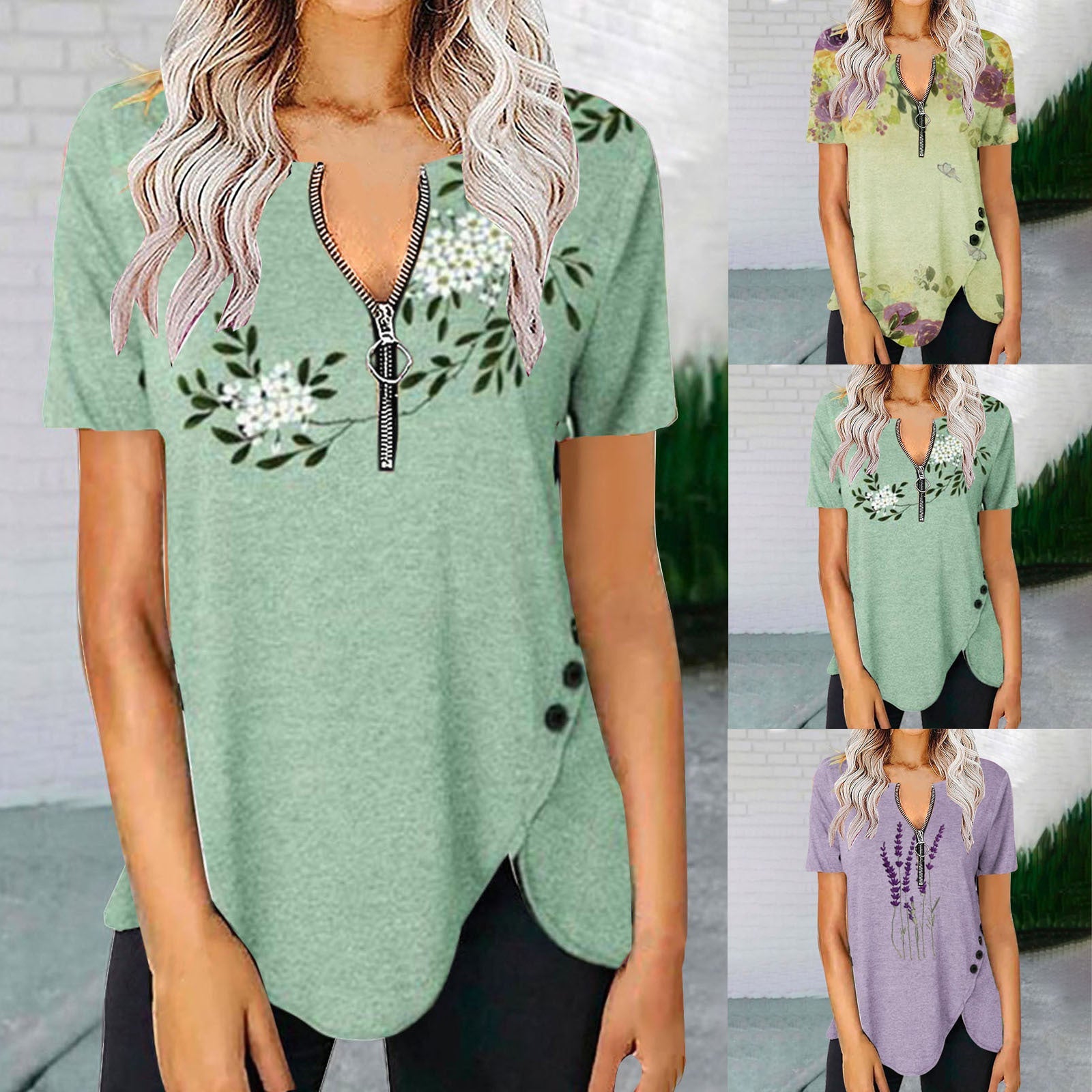 Damen T-Shirt mit halbgeschlossenem Reißverschluss und floralem Muster R&B