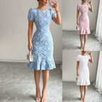 Damen Midi-Kleid mit floralen Applikationen und voluminösen Ärmeln R&B