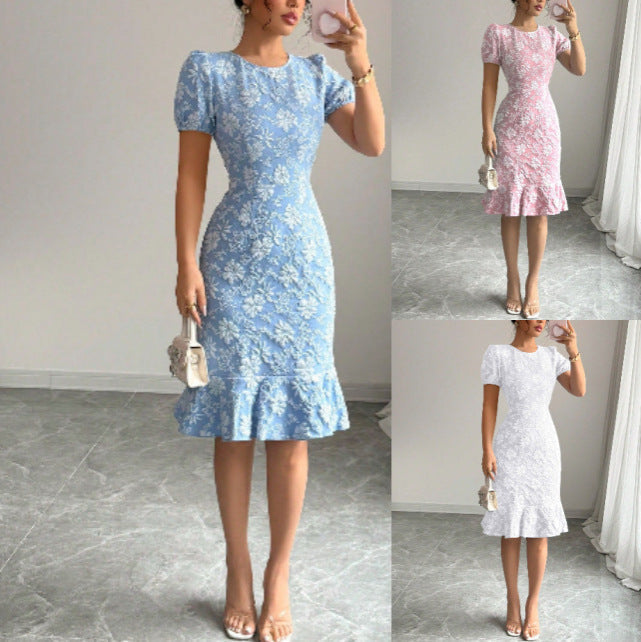 Damen Midi-Kleid mit floralen Applikationen und voluminösen Ärmeln R&B