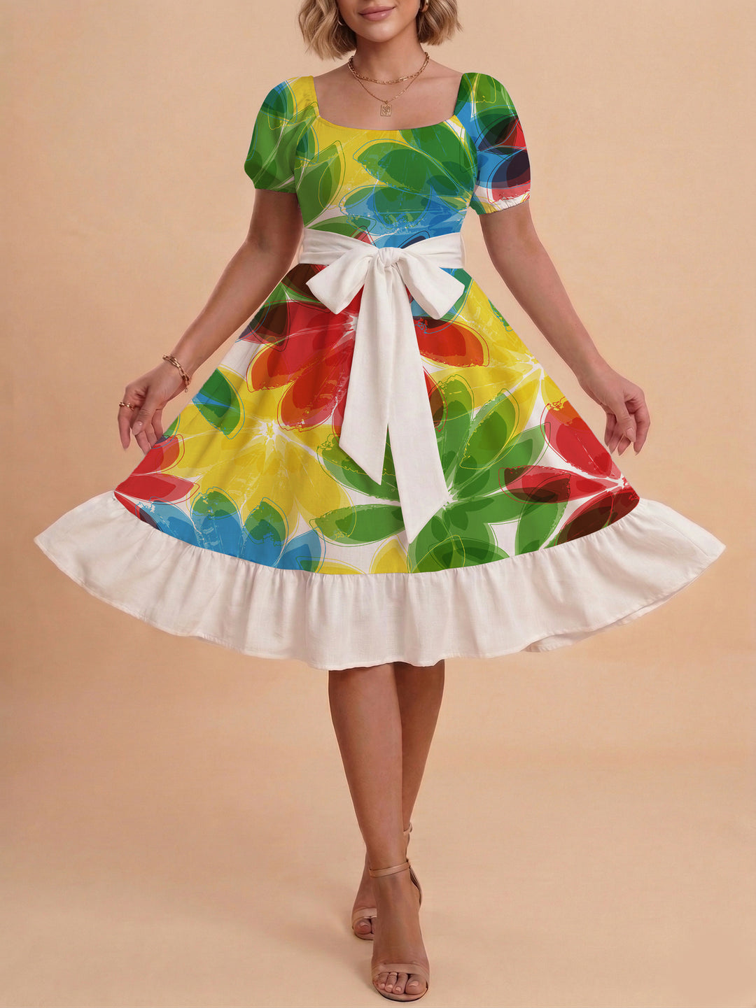 Damen Sommerkleid mit floralem Puffärmel und taillierbarem Gürtel R&B