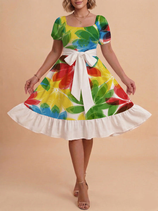 Damen Sommerkleid mit floralem Puffärmel und taillierbarem Gürtel R&B