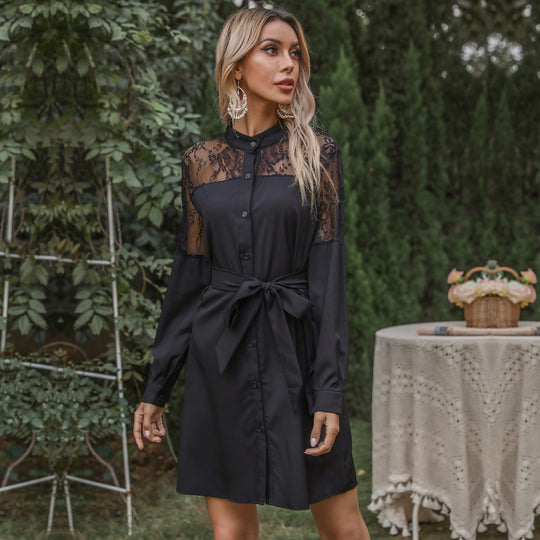 Damen Elegantes Hemdblusenkleid mit Spitzenärmeln und taillierbarem Gürtel R&B
