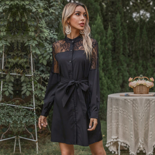 Damen Elegantes Hemdblusenkleid mit Spitzenärmeln und taillierbarem Gürtel R&B