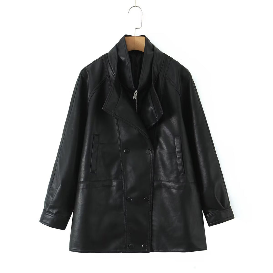 Damen Kunstlederjacke mit breitem Revers und praktischen Taschen R&B