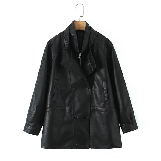 Damen Kunstlederjacke mit breitem Revers und praktischen Taschen R&B