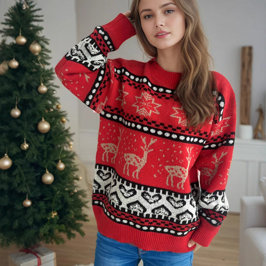 Damen festlicher Strickpullover mit weihnachtlichem Rentier-Motiv und detailreicher Musterung R&B