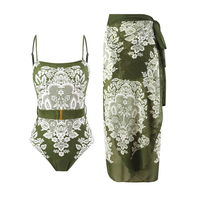 Damen modischer Einteiler Badeanzug mit elegantem Wickelrock und floralem Muster R&B