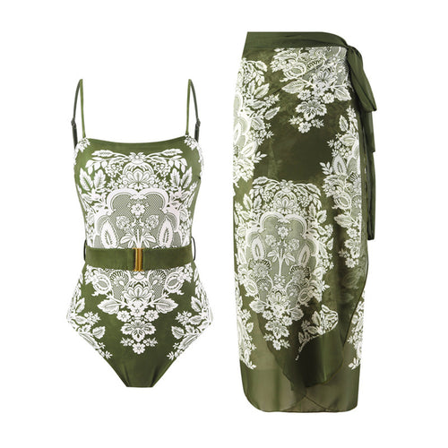 Damen modischer Einteiler Badeanzug mit elegantem Wickelrock und floralem Muster R&B
