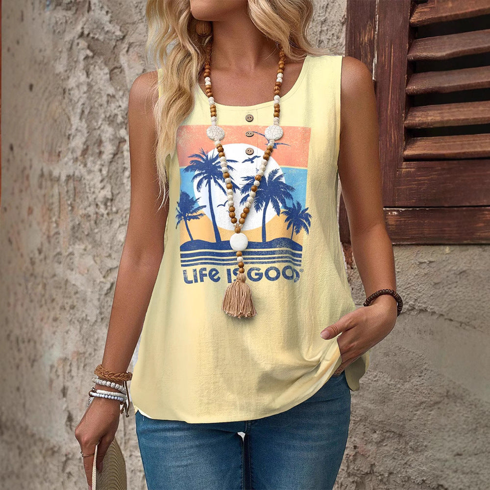 Damen ärmelloses T-Shirt mit buntem Druck und Knopfdetails Heidi-Mode