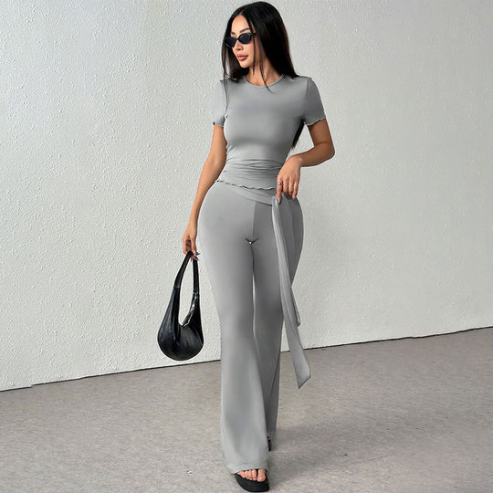 Damen elegantes Set aus figurbetontem Oberteil und ausgestellten Hosen R&B