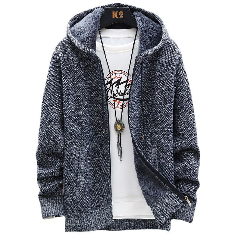 Herren nan gefütterte Strick-Kapuzensweatjacke mit Teddyfutter, durchgehendem Reißverschluss und Kängurutaschen R&B