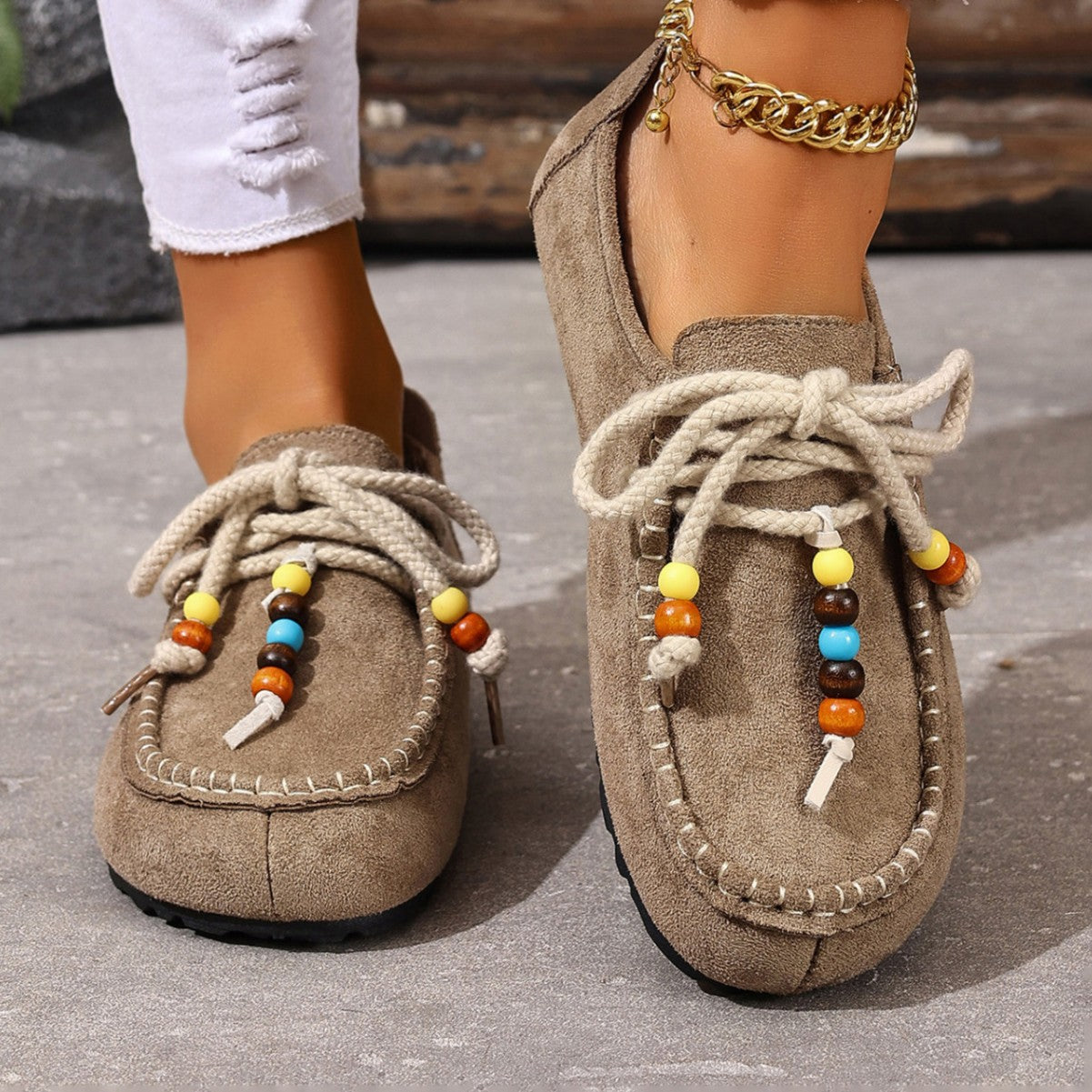 Damen Mokassin-Schuhe mit farbenfrohen Charakterperlen und rutschfester Sohle R&B