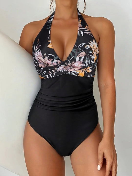 Damen Eleganter V-Ausschnitt Einteiler Badeanzug mit floralen Akzenten R&B
